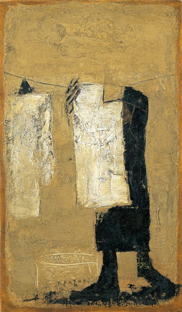 《洗濯》　1965年頃　油彩、方解末、木炭、カンヴァス　香月泰男美術館蔵